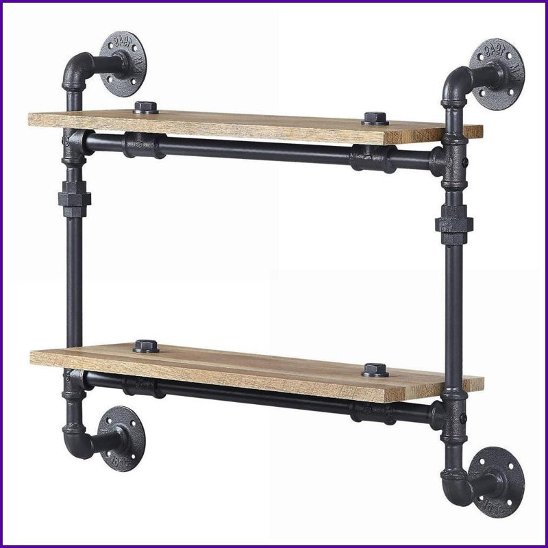 Tablette murale, chêne industriel à 2 niveaux Noir sable | Bois et métal | Ouvert à l'arrière