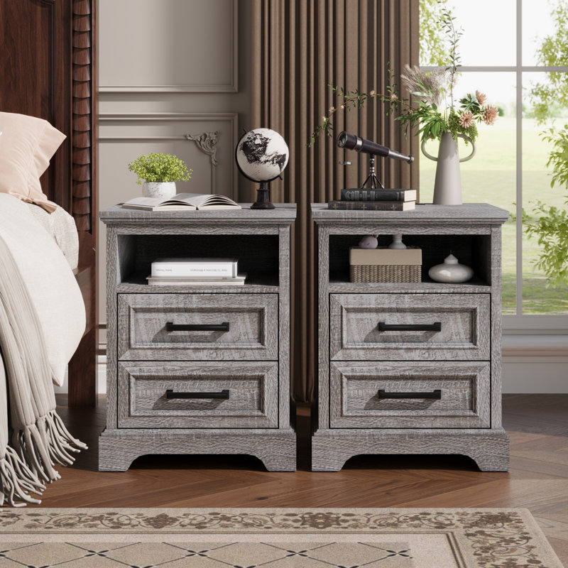 Farmhouse Nightstand For Bedroom With Charging Station, Wooden Side Table Sets With 4 Drawers Storage, Gray