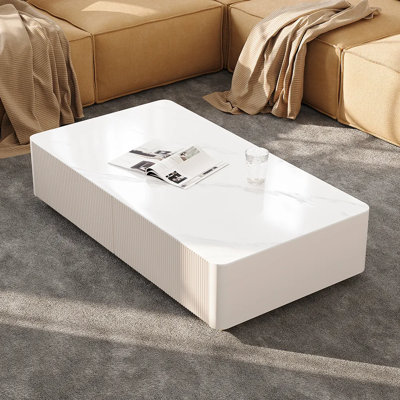 Table basse 51,5 po moderne en faux marbre, table basse rectangulaire avec quatre tiroirs et base en acier inoxydable