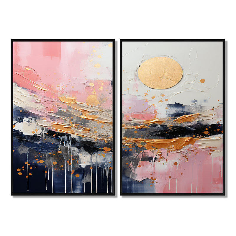 Or et rose liquide moderne formes III - décoration murale moderne or, H 36 po x l 48 po, Impression encadrée flottante, Noir