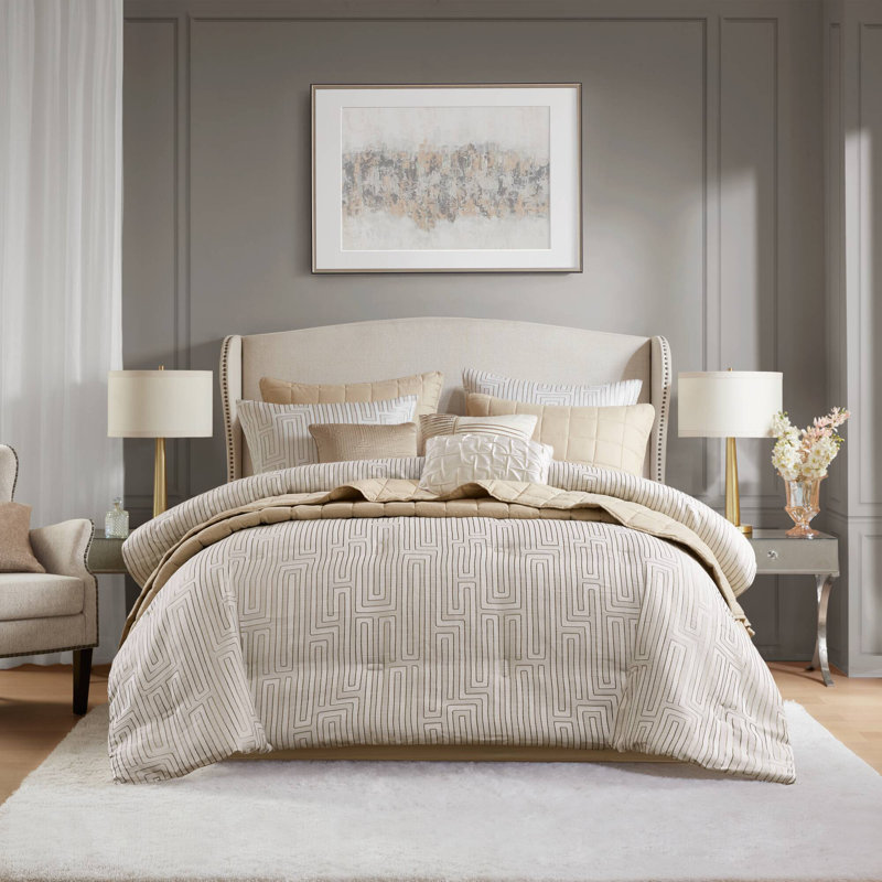 Royce Ivory Jacquard Geometric 10-Piece Queen Comforter Set, Queen Comforter + 9 Additional Pieces, Ivory