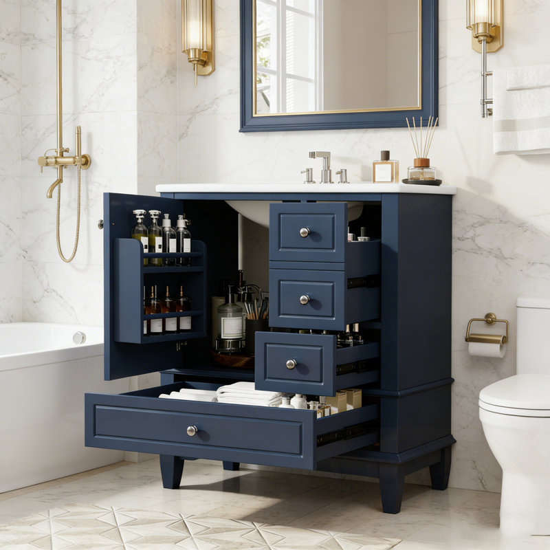 Meuble-lavabo avec lavabo, tablette et trois tiroirs, Bleu