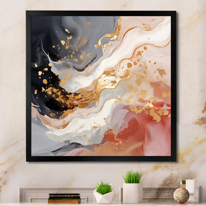 Reproduction sur toile rose et or rose, H 30 po x l 30 po x P 1 po, Cadre simple noir