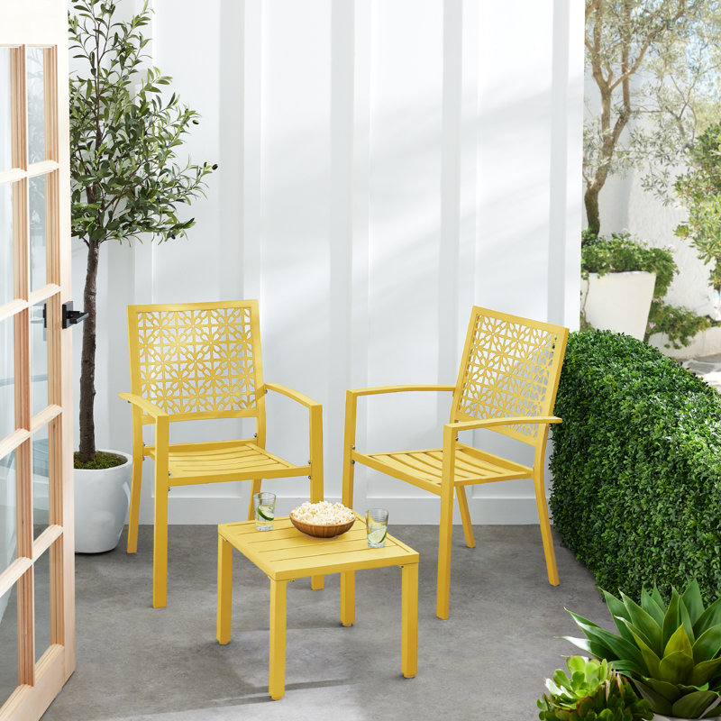  3-Piece Stackable Patio Bistro Set, Outdoor Chat Furniture W/ 2 Chairs, Table - Yellow, Yellow