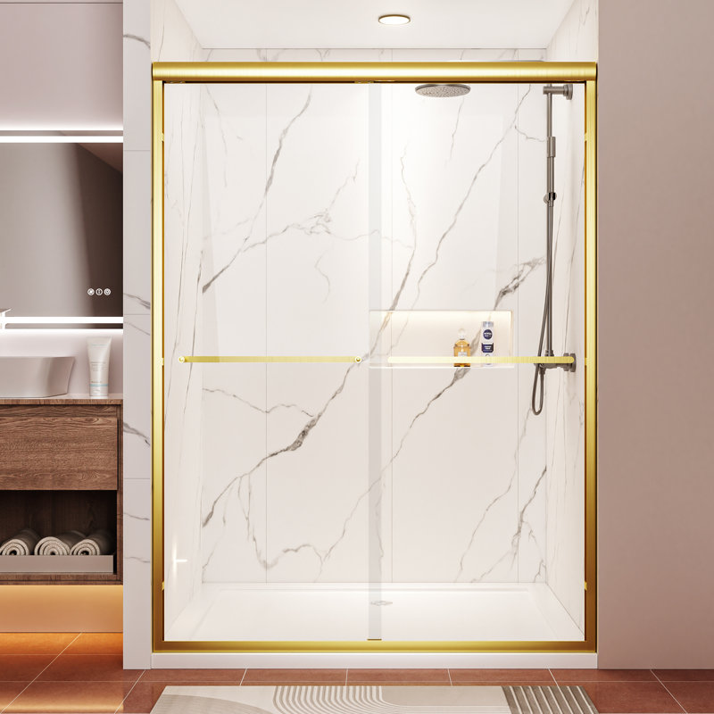 Porte de douche à double cadre coulissant en aluminium l 50 à 54 po x H 72 po doré