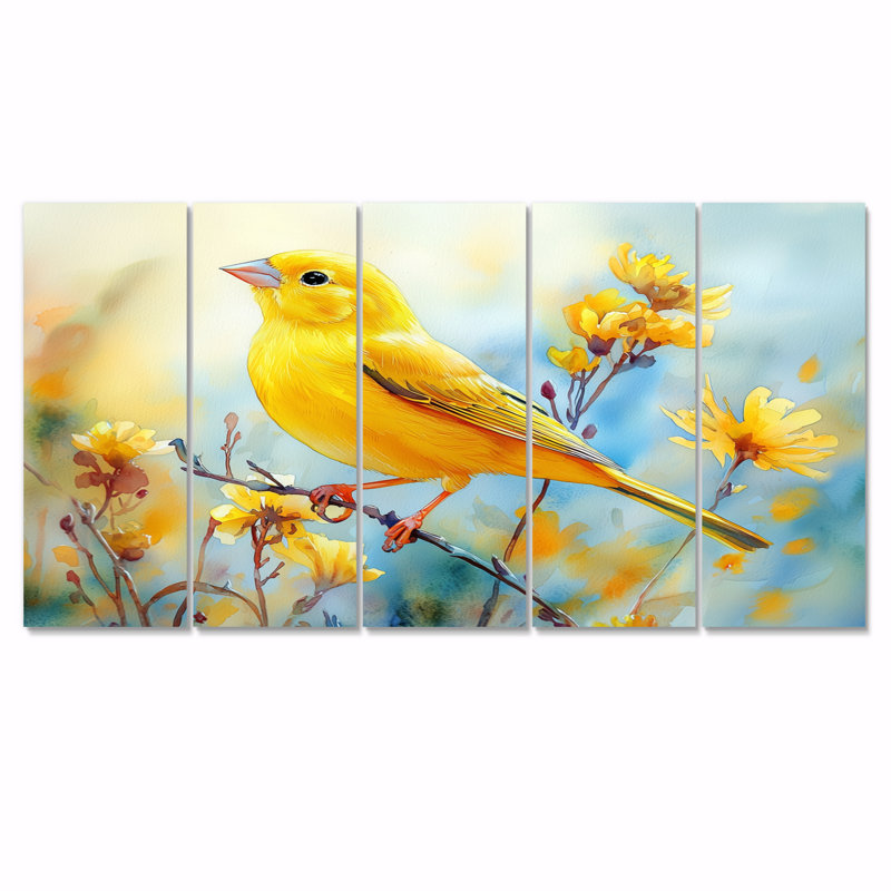 Oiseau pinson sur une tige de fleurs sauvages III - Art mural oiseau - ensemble d'art mural moderne, H 32 po x l 80 po, 5