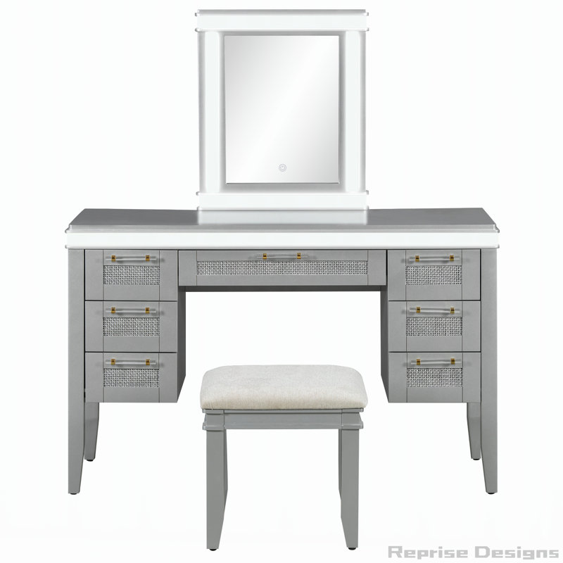 48 Inch Vanity Desk with Mirror and Lights, Makeup Vanity with 7 Drawers, Cushioned Stool, Classic Beige Finish, Hollow Design, Rubber Wood Legs