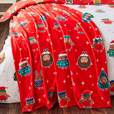 Christmas Party Robins Cosy Fleece Blanket Throw
