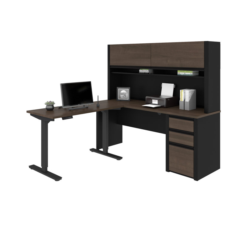 Aurea Piece Computer Desk Office Set, Antigua/Black, 4-Piece Set (1 Desk, 1 Table, 1 Credenza, 1 Hutch