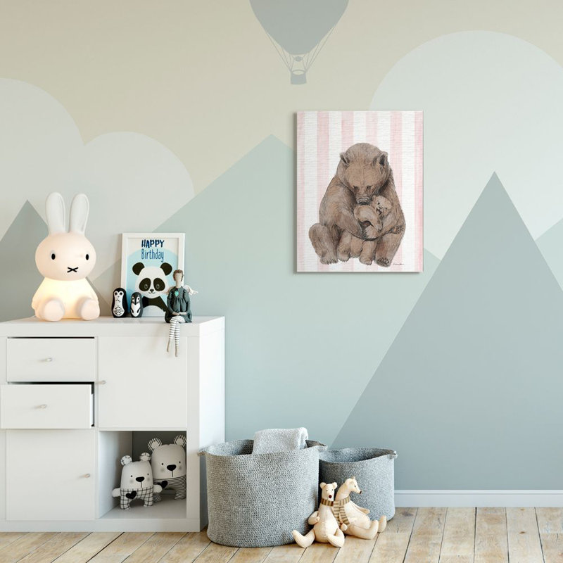 «Playful Mother Bear and Cub Stripe Nursery Illustration» par Laura Marshall - impression d'art graphique, H 30 po x l 24 po