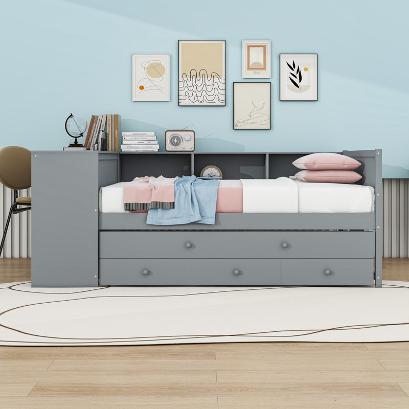 Lit de jour à trois tiroirs en bois avec couchette et tablettes latérales, Gris, Complet/Double