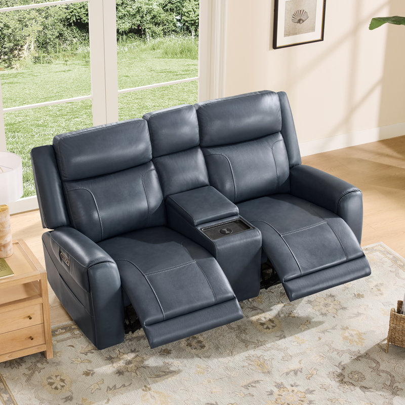 Canapé inclinable électrique 2 places en cuir véritable avec repose-tête et console, Marine