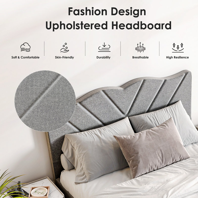 Modern Platform Bed Frame With Upholstered Headboard & Wooden Slats - No Box Spring Needed, Easy Assembly, Full