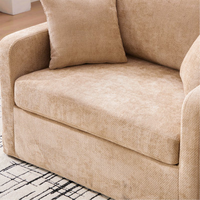 Fauteuil d'appoint moderne de style campagnard, capitonné, de 111,5 cm de large, avec pieds en métal noir ; fauteuil de lecture en chenille, canapé une place avec deux coussins cylindriques, idéal pour le salon, le bureau ou la salle de détente, couleur blé.