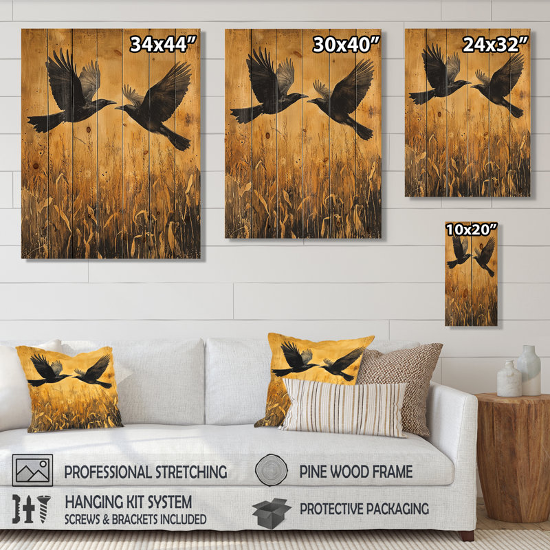 Dark Crows In The Cornfield II - Bird Wood Wall Decor - On Natural Pine Wood, 44" H x 34" W x 0.78" D