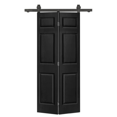 Porte de grange à deux panneaux en panneau de fibres à densité moyenne peinte noire 30 po x 80 po avec quincaillerie coulissante