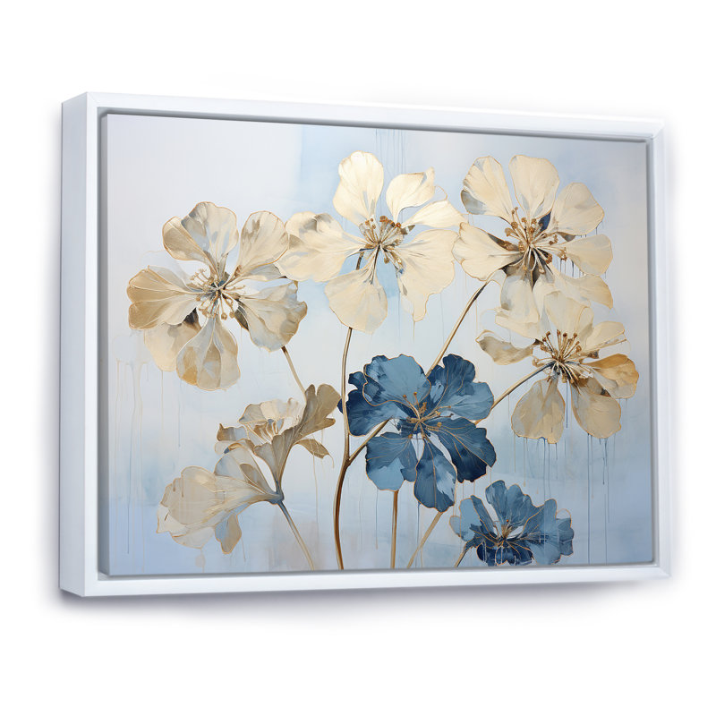 Fleurs de géraniums beiges et bleus, Cadre flottant blanc, H 24 po x l 32 po x P 1 po