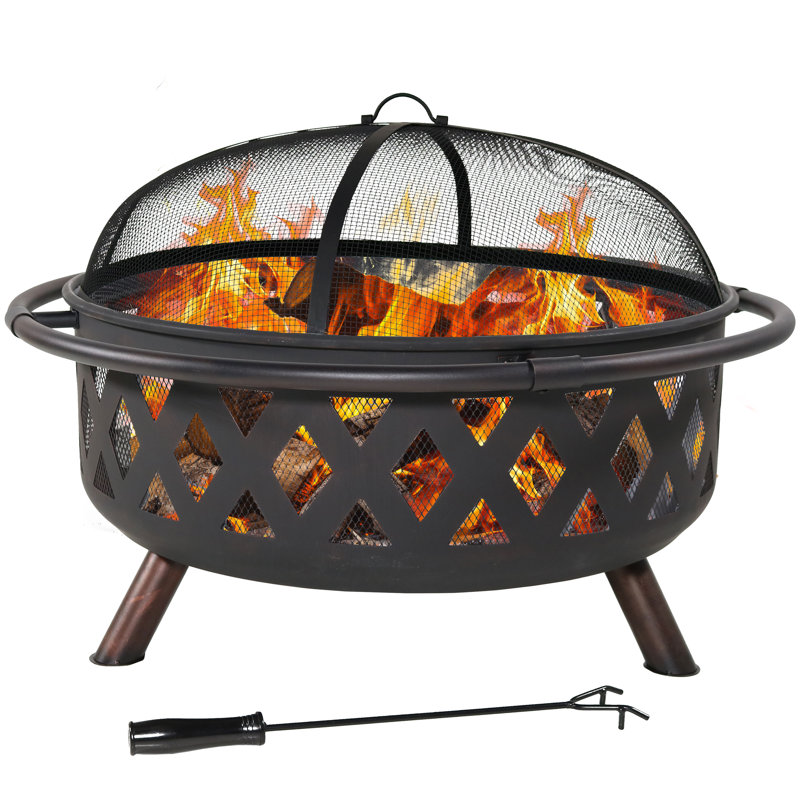 Jahidul Crossweave Round Wood-Burning Steel Outdoor Fire Pit with Screen, 24" H x 36" W x 36" D, Black