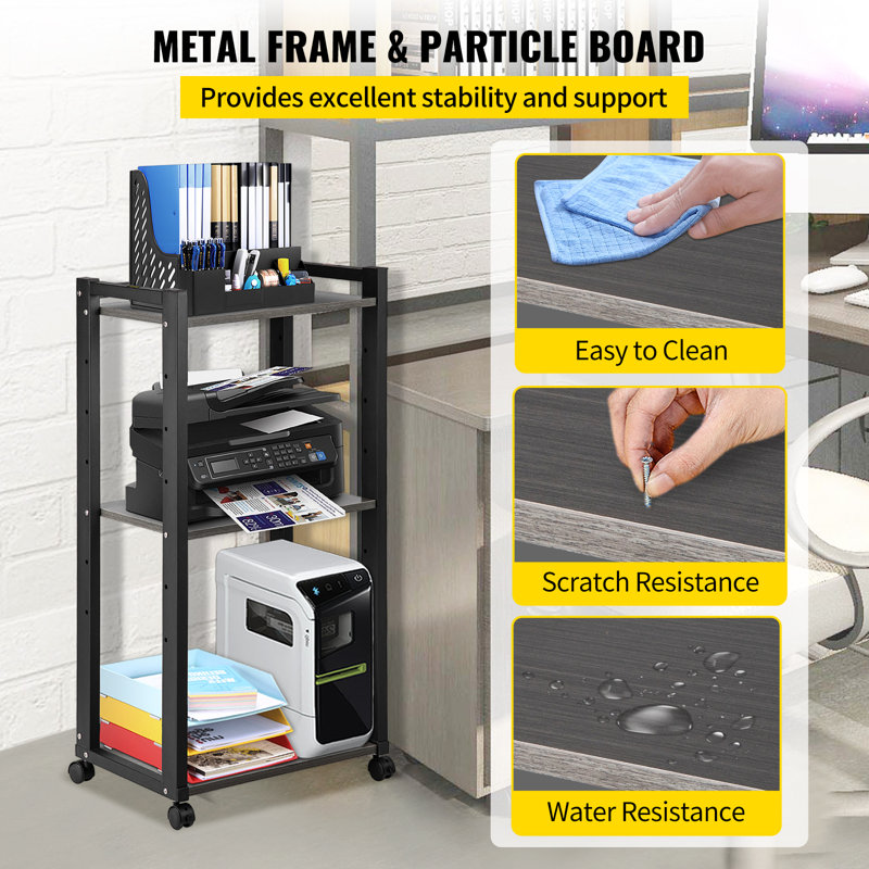 Black 3-Tier Rolling Printer Stand with Adjustable Storage Shelves
