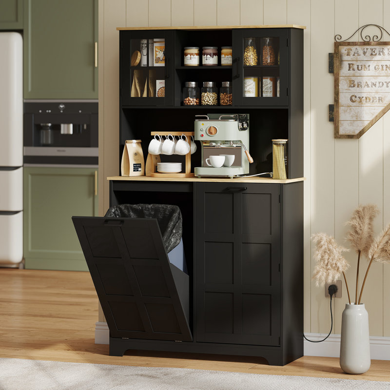 Armoire de cuisine avec station de charge et armoire à poubelle, Noir