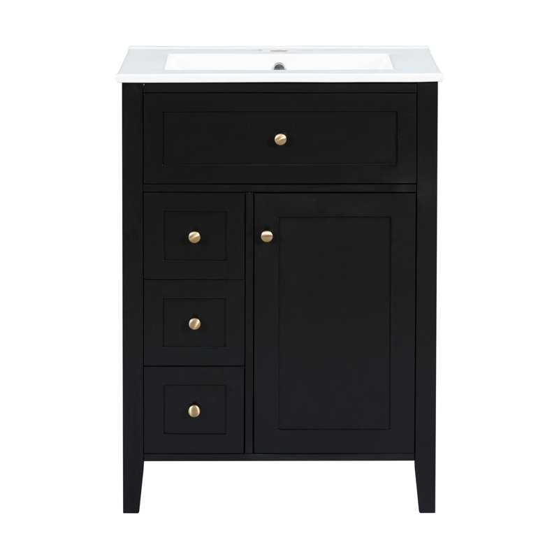 Meuble-lavabo simple 24 po avec lavabo, Noir, Doré