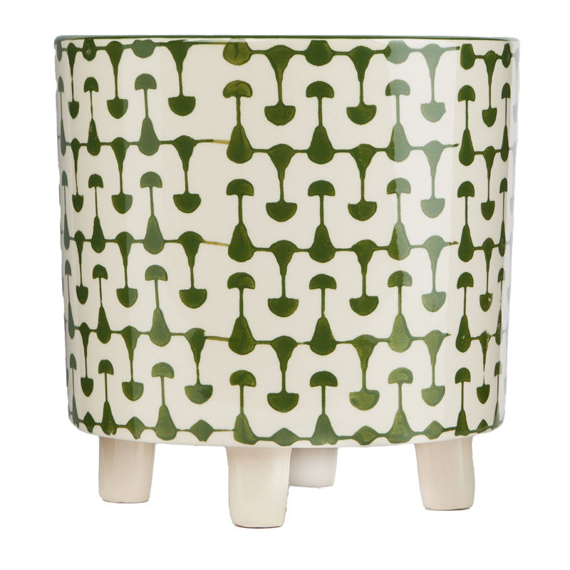 Footed Stoneware Planter with Abstract Print, Green