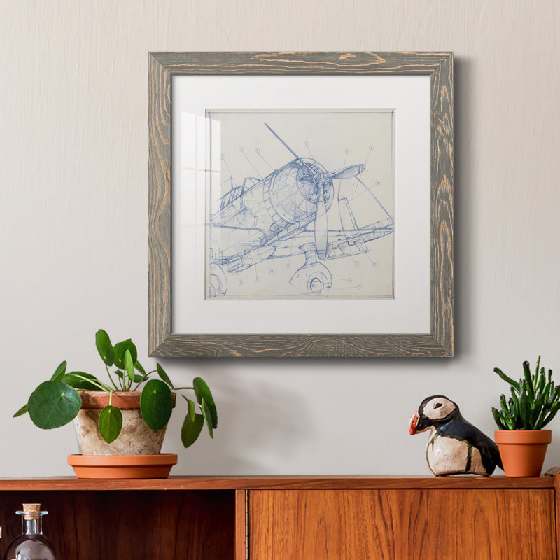 Croquis mécanique d'avion I-Premium, reproduction encadrée - prêt à être accroché, Cadre en papier gris, Blanc