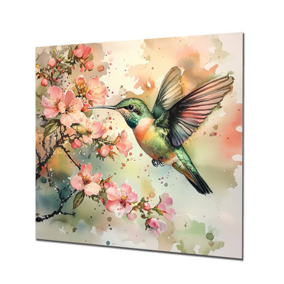 Hummingbird In The Blossoms I - reproduction d'art moderne en métal, décoration murale en métal colibri