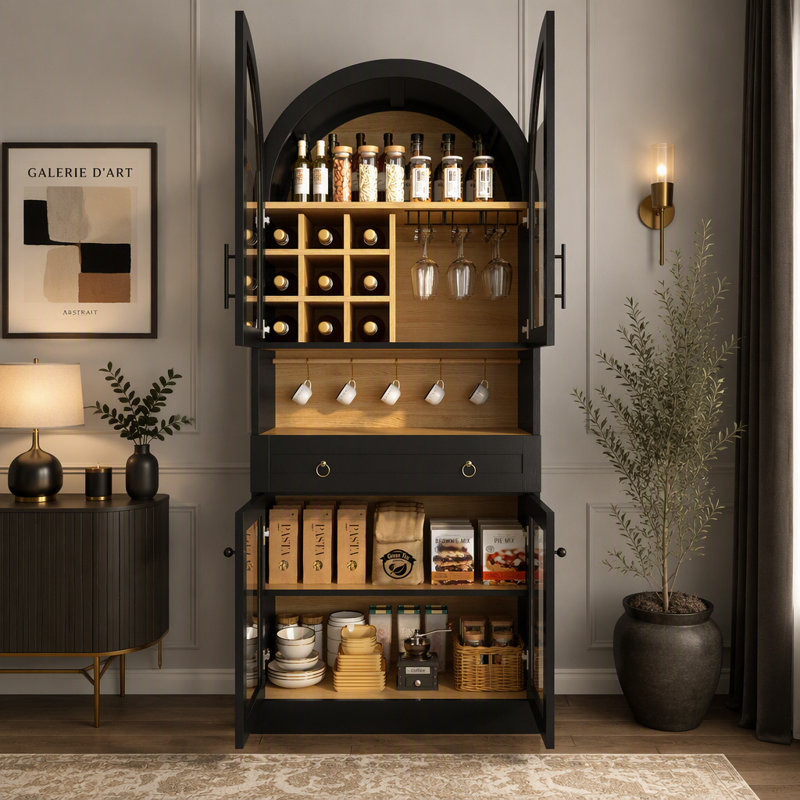 Meuble-bar arqué de 70 pouces avec portes en verre trempé
