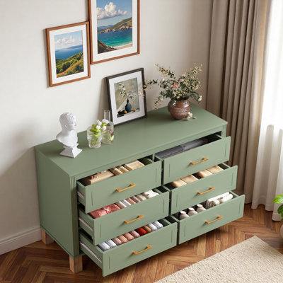 Commode 47,24 po avec 6 tiroirs, poignées en métal et pieds en bois