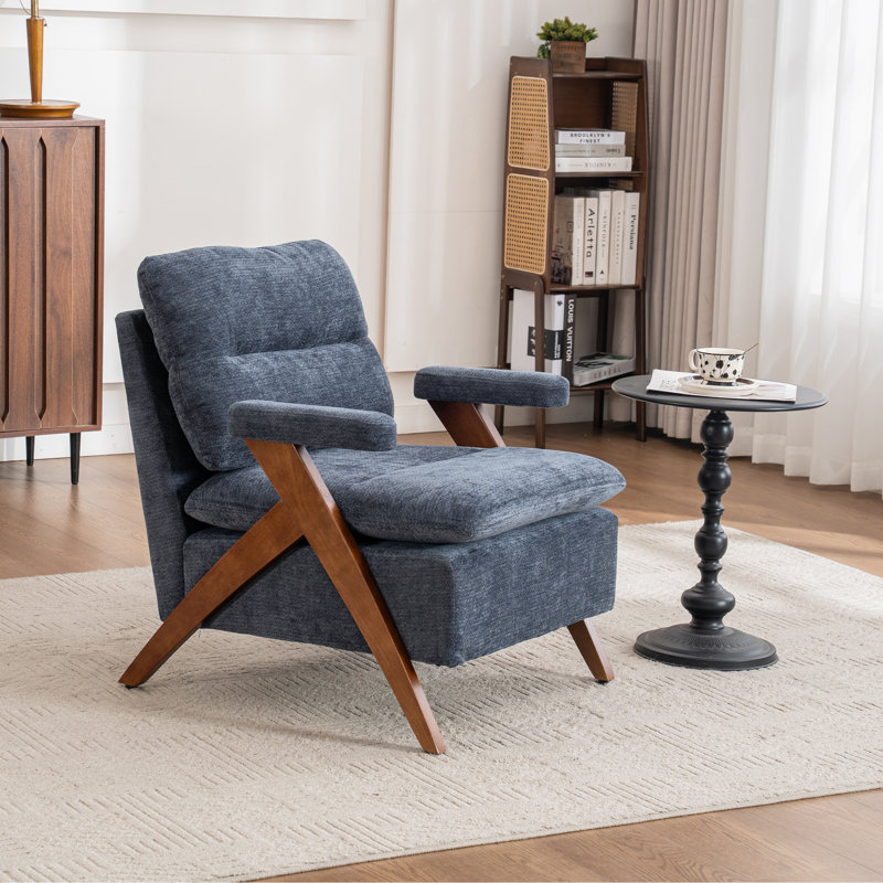 Mid Century Upholstered Arm Accent Chair with Solid Wood Legs, Blue