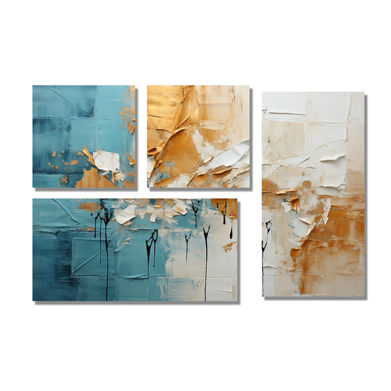 Transcendent Textures I - Large Collages abstraits sur toile, art mural 4 panneaux, Toile tendue, Ne s’applique pas