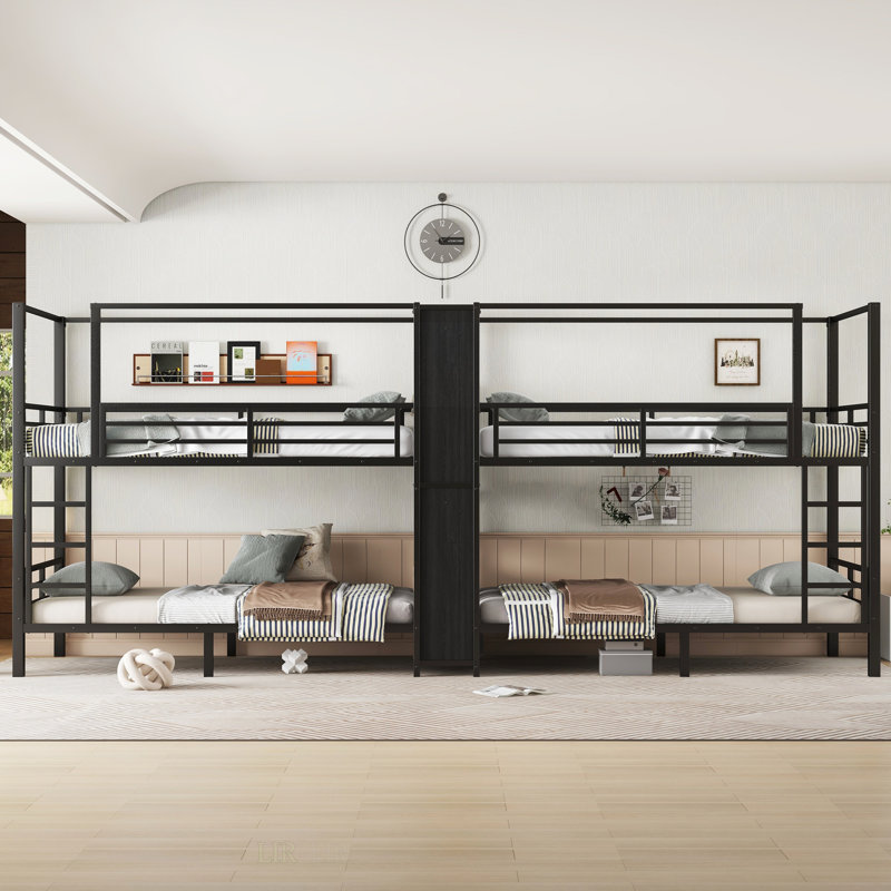 Lit superposé en métal quadruple Ashrita avec tablettes de rangement intégrées, garde-robe et conception à bruit réduit pour une efficacité maximale de l'espace