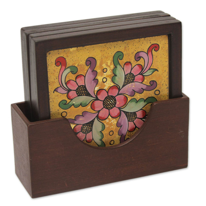Ensemble de 5 sous-verres peintes avec support blushing fleuris