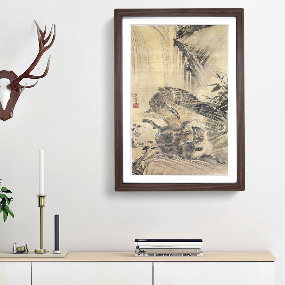 Eagle Attacking a Lion by Kawanabe Kyosai - Framed Print