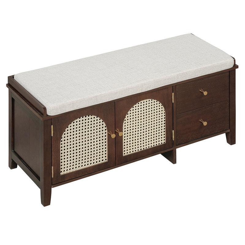 Banc à chaussures, banc à chaussures rétro avec rangement et coussin, banc à chaussures avec 2 tiroirs et 2 portes en rotin
