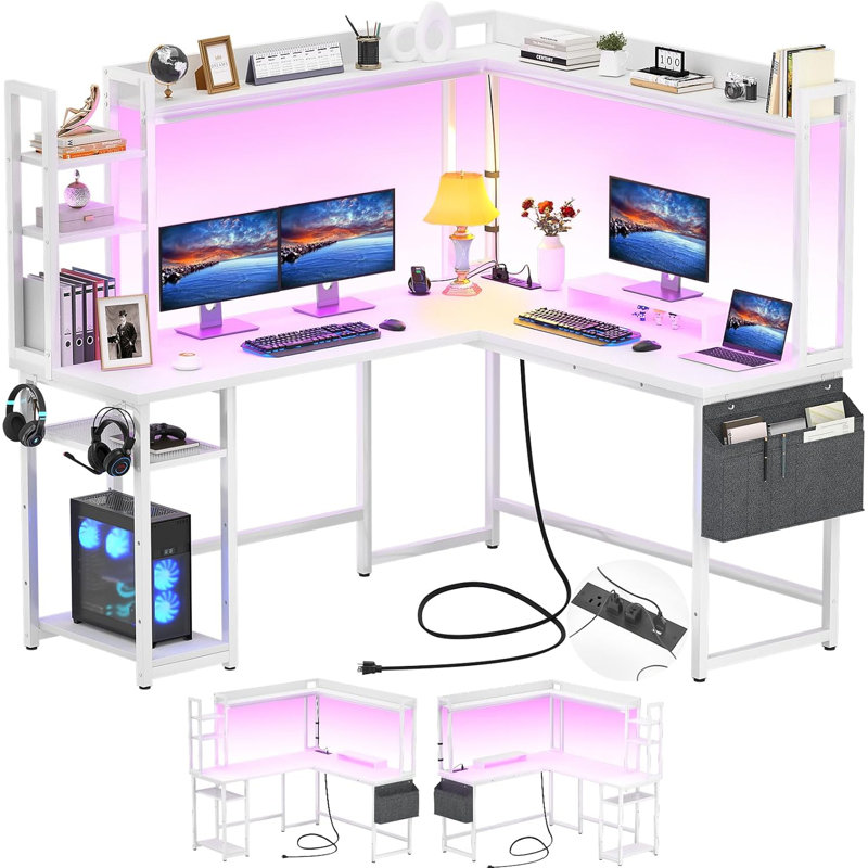 Bureau en L Bianco avec huche et prise de courant, bureau d'ordinateur de coin de jeu avec lumières DEL, Blanc