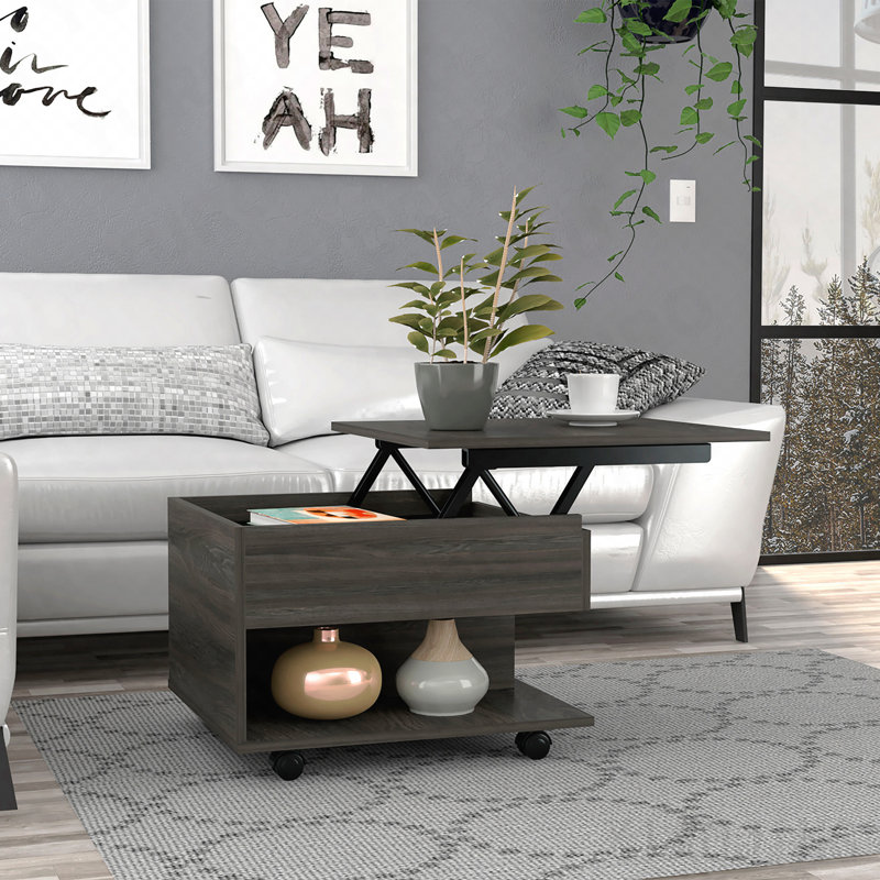 Table basse à plateau relevable espresso avec roulettes et une tablette, Brown, H 11,6 po x L 31,4 po x l 21,4 po