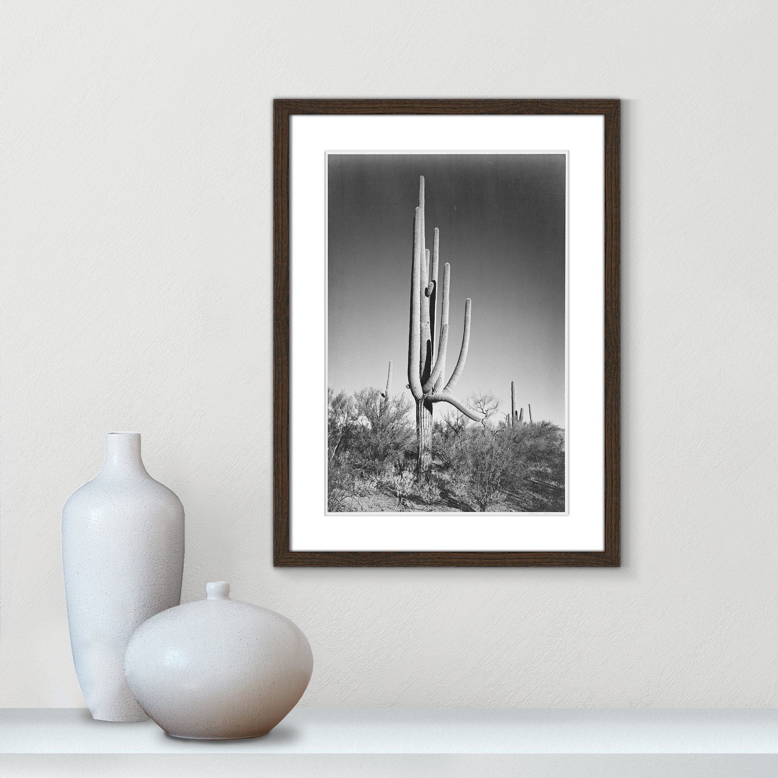 Saguaro National Monument Print by Ansel Adams, 23" H x 17" W x 0.75" D, Walnut