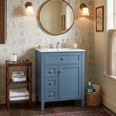Meuble-lavabo 24 po avec comptoir en céramique, pieds en bois massif avec tiroir basculant, 2 tiroirs latéraux à fermeture en douceur et support de porte, vert clair / gris-bleu