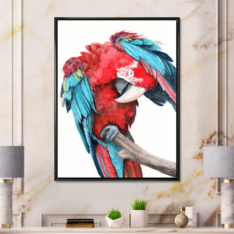 Grand perroquet avec des ailes rouges et bleues colorées - reproduction sur toile, H 32 po x l 24 po