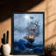 Art mural de pirate rétro noir encadré dans les vagues, impressions de style rétro-1836004369