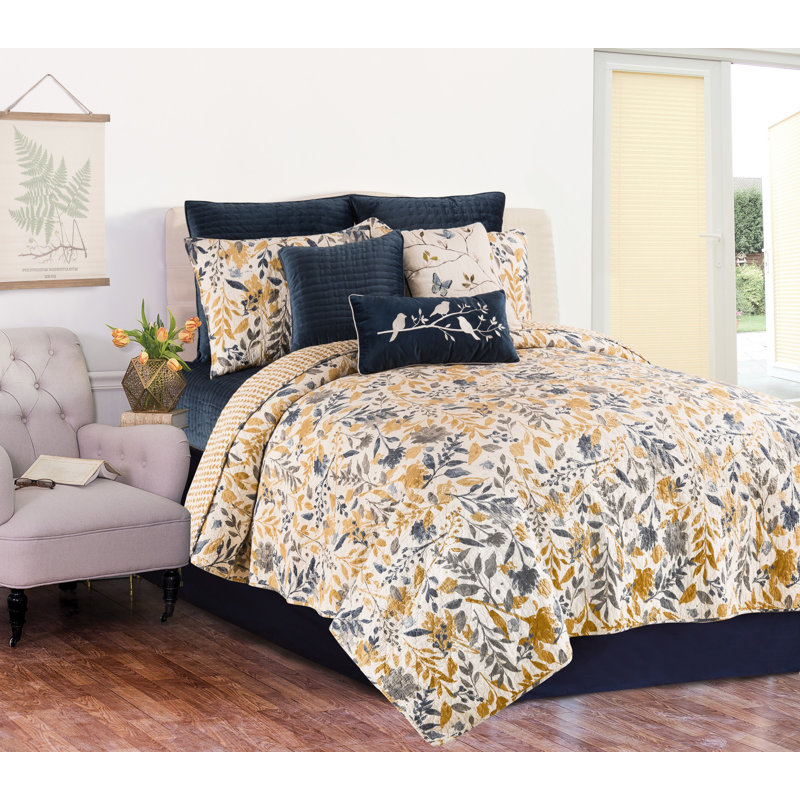 King Blue and Yellow Cotton Reversible Quilt Set