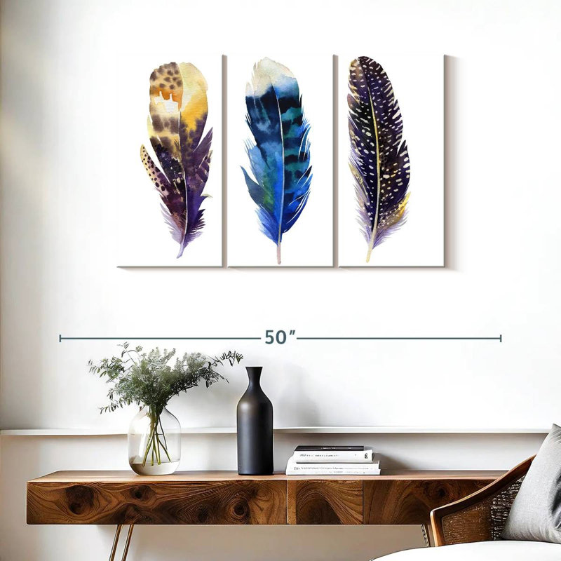 Ensemble de 3 pièces de plumes bohémiennes sur toile, H 24 po x l 38 po x P 1,25 po