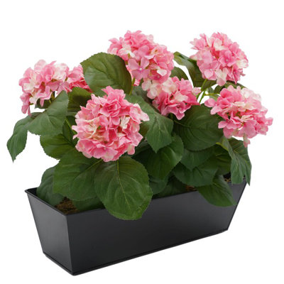 Artificial Hydrangea Flower in Tin Window Box (45cm)