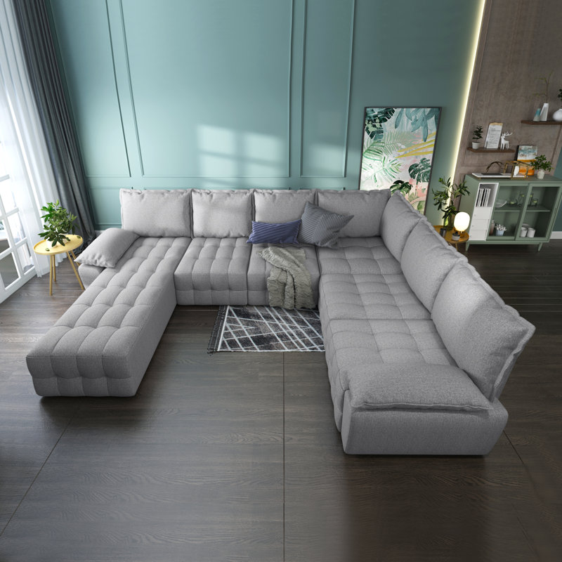 Canapé modulaire 7 pièces Liubomila, 100 % polyester gris clair, Accoudoir à gauche (vu de face)