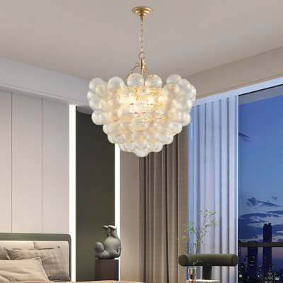 Lustre moderne à bulles dorées avec globes en verre fileté transparent, hauteur réglable