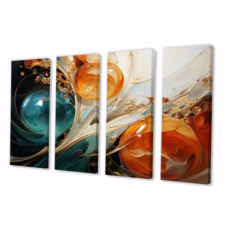 Encre blanche blanche, bleue et orange, tempête III - ensemble de 4 peintures murales abstraites, H 32 po x l 64 po