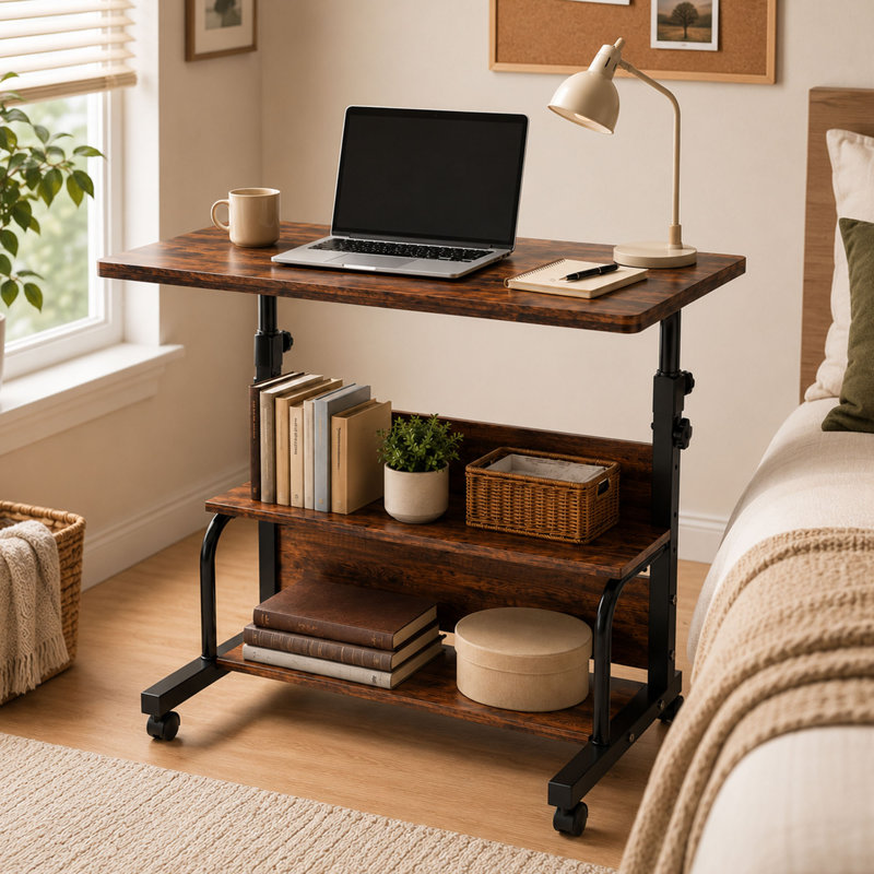 Rolling Adjustable Computer Desk, Storage Shelves