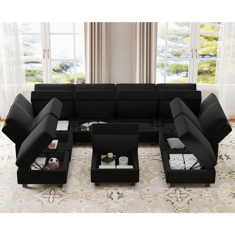 Wylodene 116.6'' Variable Module Velvet Sofa Bed Sectional U Shape Couch with Storage Seat Ottoman, Black Velvet